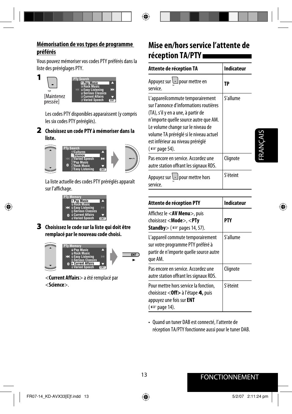 Mise en/hors service l’attente de réception ta/pty, Fonctionnement, Français | Mémorisation de vos types de programme préférés | JVC KD-AVX33 User Manual | Page 155 / 285