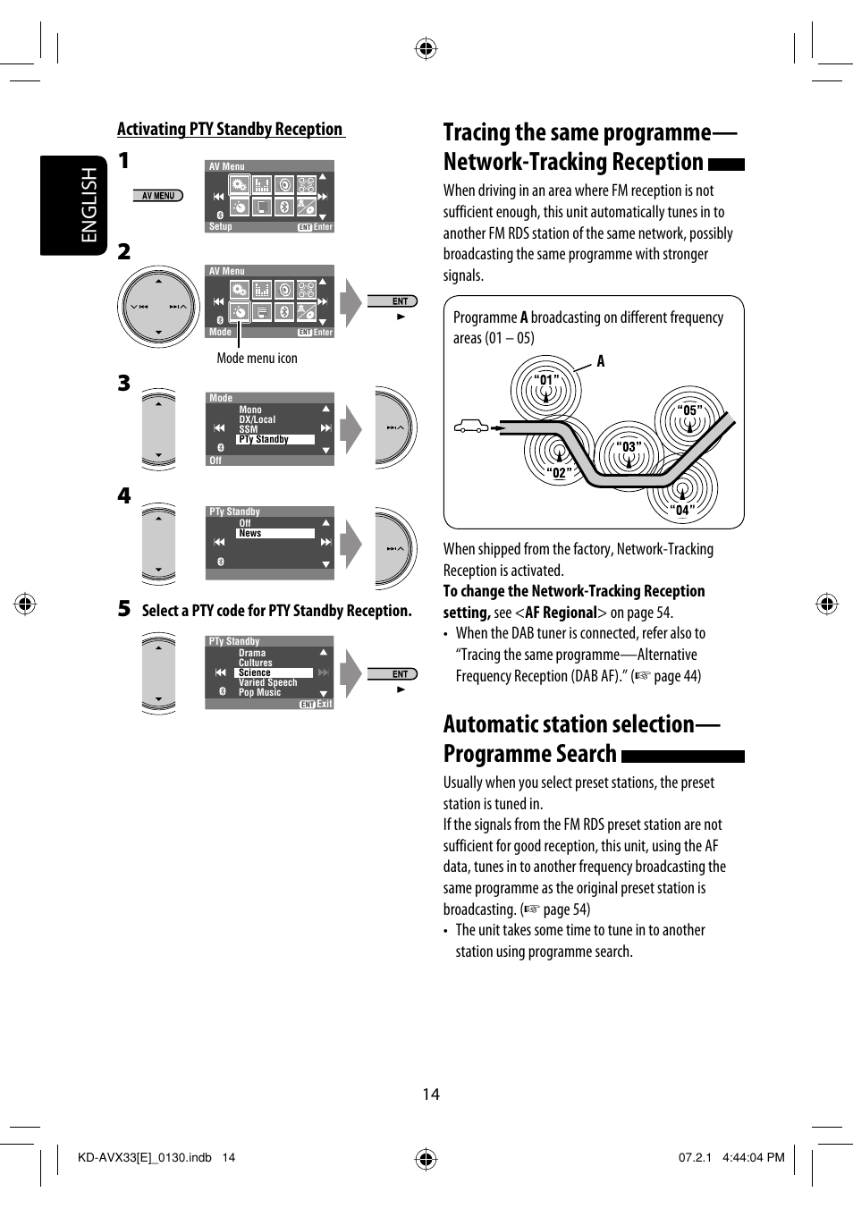 Automatic station selection— programme search, English, Activating pty standby reception | JVC KD-AVX33 User Manual | Page 16 / 285