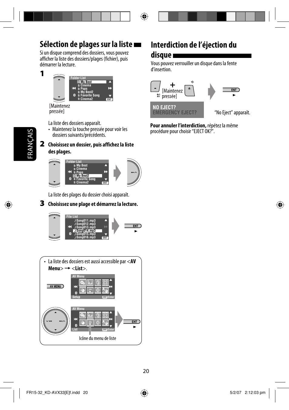 Sélection de plages sur la liste, Interdiction de l’éjection du disque, Français | JVC KD-AVX33 User Manual | Page 162 / 285
