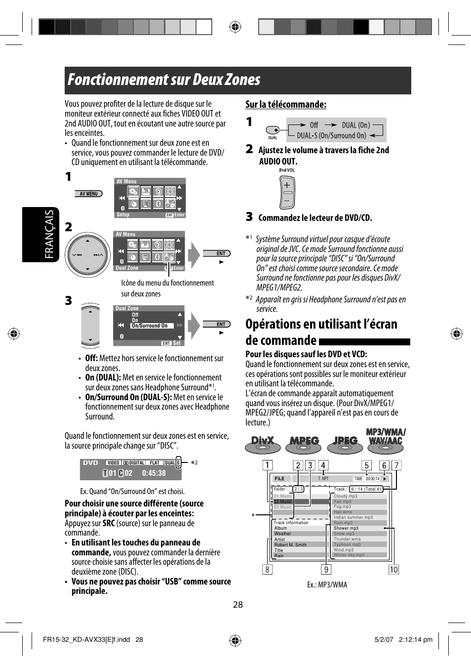 Fonctionnement sur deux zones, Opérations en utilisant l’écran de commande, Français | Sur la télécommande | JVC KD-AVX33 User Manual | Page 170 / 285