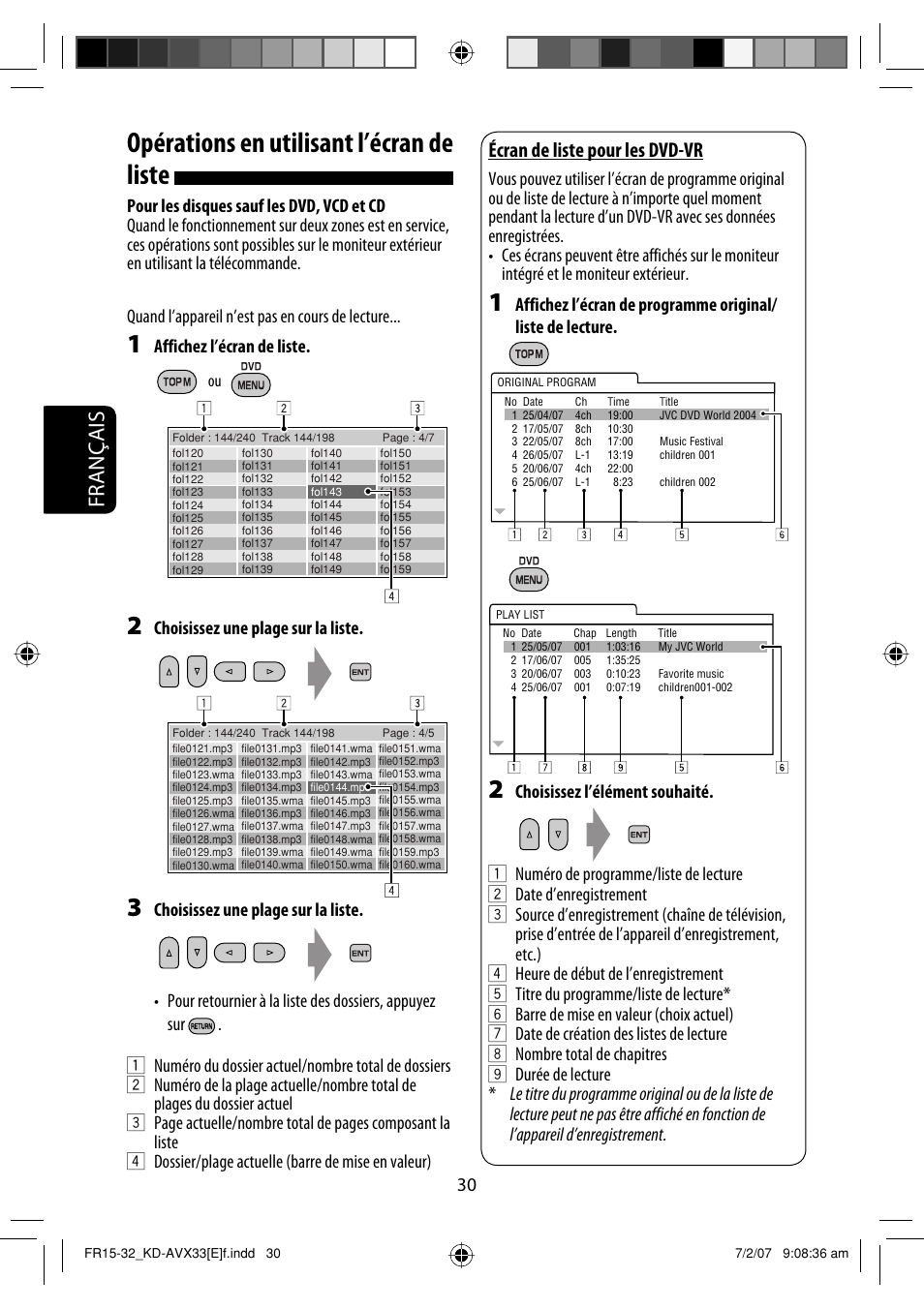 Opérations en utilisant l’écran de liste, Français, Écran de liste pour les dvd-vr | Affichez l’écran de liste, Choisissez une plage sur la liste | JVC KD-AVX33 User Manual | Page 172 / 285