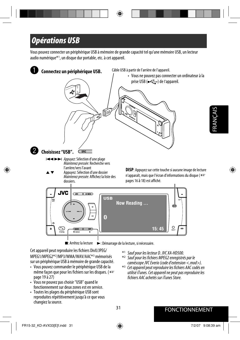 Opérations usb, Fonctionnement, Français | JVC KD-AVX33 User Manual | Page 173 / 285
