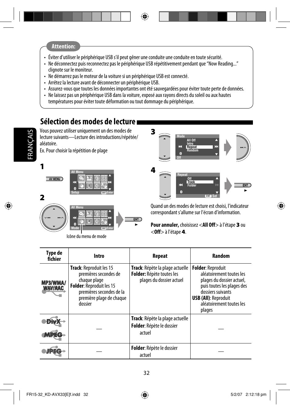 Sélection des modes de lecture, Français, Attention | JVC KD-AVX33 User Manual | Page 174 / 285