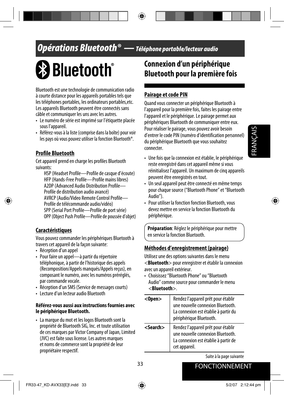Opérations bluetooth, Fonctionnement, Français | Téléphone portable/lecteur audio | JVC KD-AVX33 User Manual | Page 175 / 285