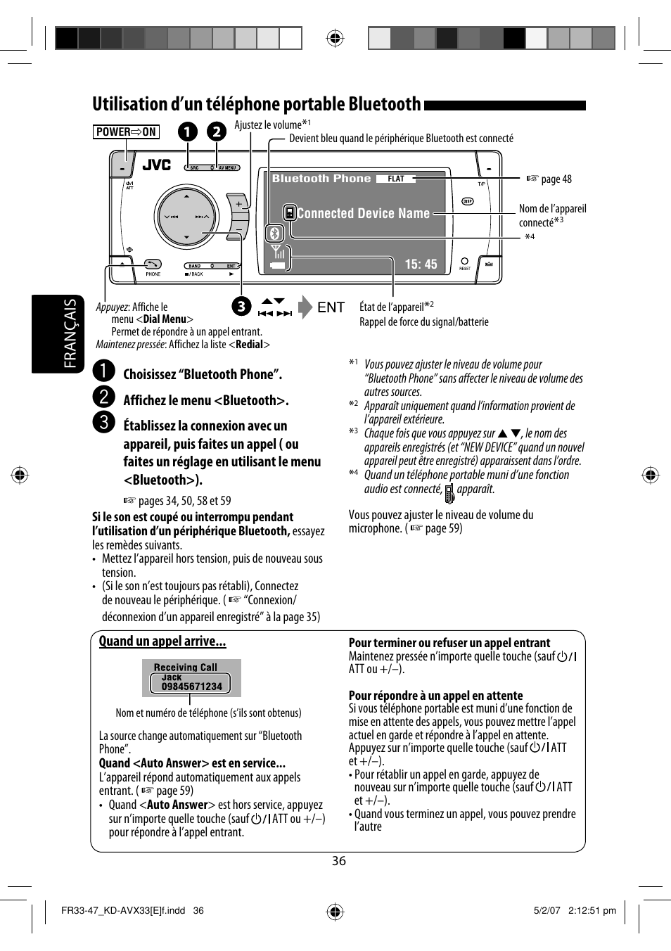 Utilisation d’un téléphone portable bluetooth, Français | JVC KD-AVX33 User Manual | Page 178 / 285