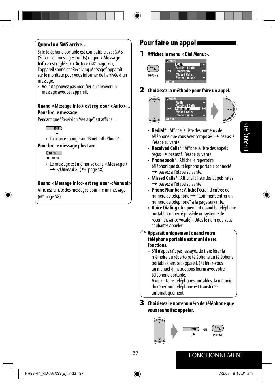 Pour faire un appel, Fonctionnement, Français | JVC KD-AVX33 User Manual | Page 179 / 285