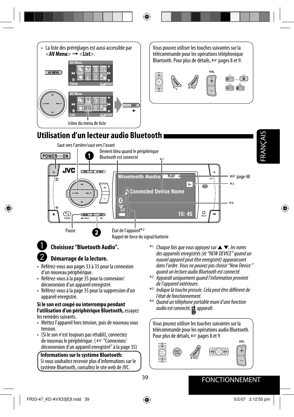 Utilisation d’un lecteur audio bluetooth, Fonctionnement, Français | Choisissez “bluetooth audio, Démarrage de la lecture | JVC KD-AVX33 User Manual | Page 181 / 285