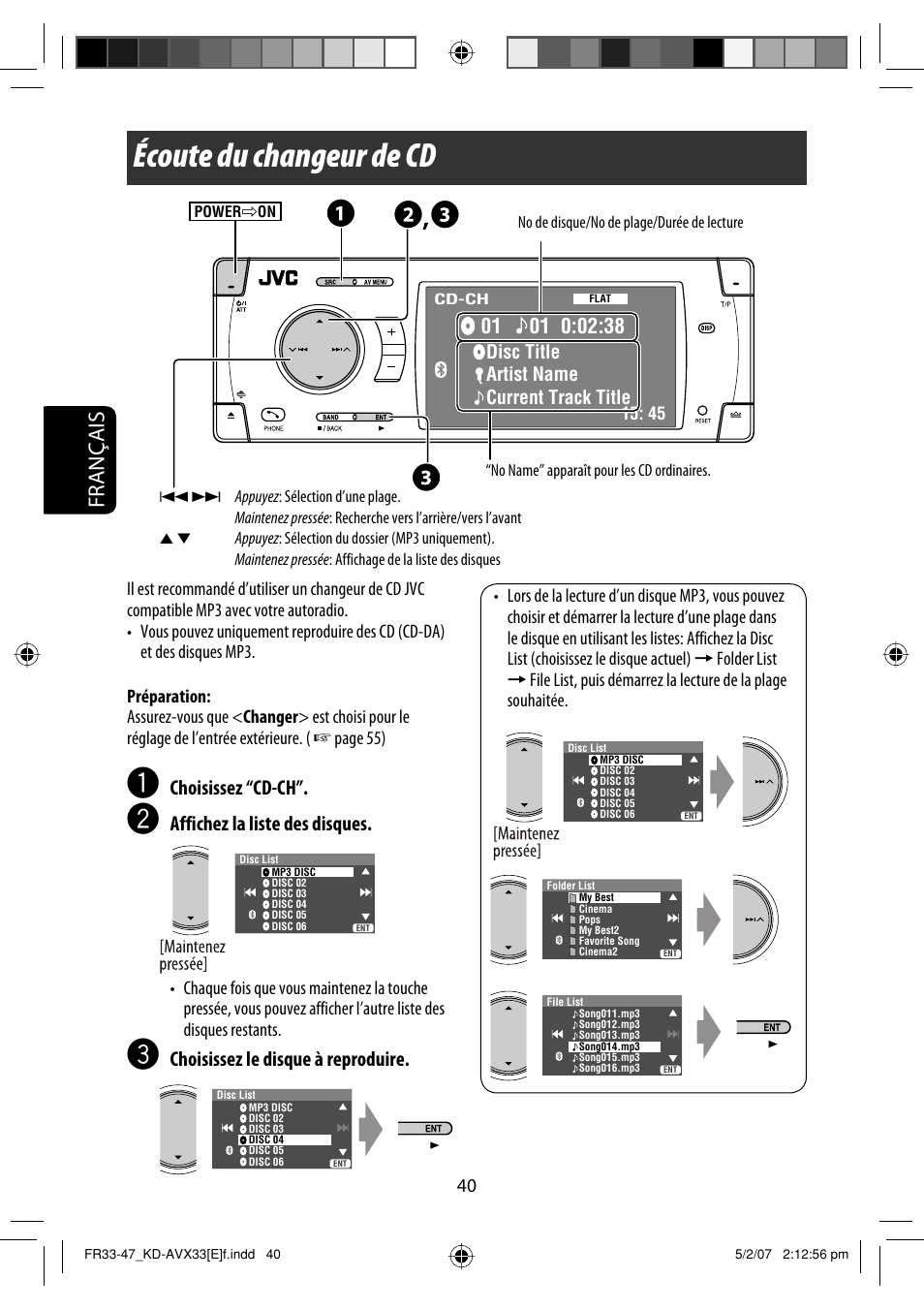 Écoute du changeur de cd, Français, Choisissez “cd-ch | Affichez la liste des disques, Choisissez le disque à reproduire | JVC KD-AVX33 User Manual | Page 182 / 285