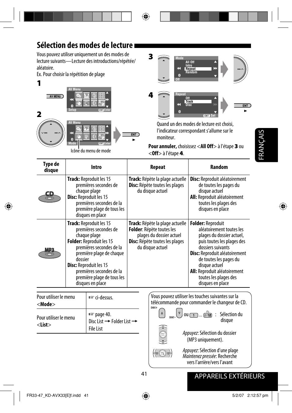 Sélection des modes de lecture, Appareils extérieurs français | JVC KD-AVX33 User Manual | Page 183 / 285