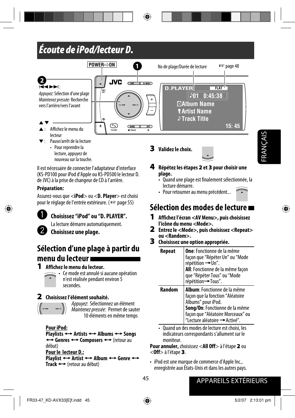 Écoute de ipod/lecteur d, Sélection d’une plage à partir du menu du lecteur, Sélection des modes de lecture | JVC KD-AVX33 User Manual | Page 187 / 285