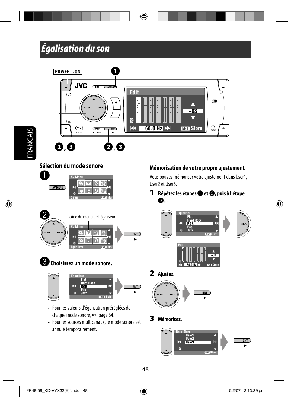 Égalisation du son, Français sélection du mode sonore, Choisissez un mode sonore | Mémorisation de votre propre ajustement | JVC KD-AVX33 User Manual | Page 190 / 285
