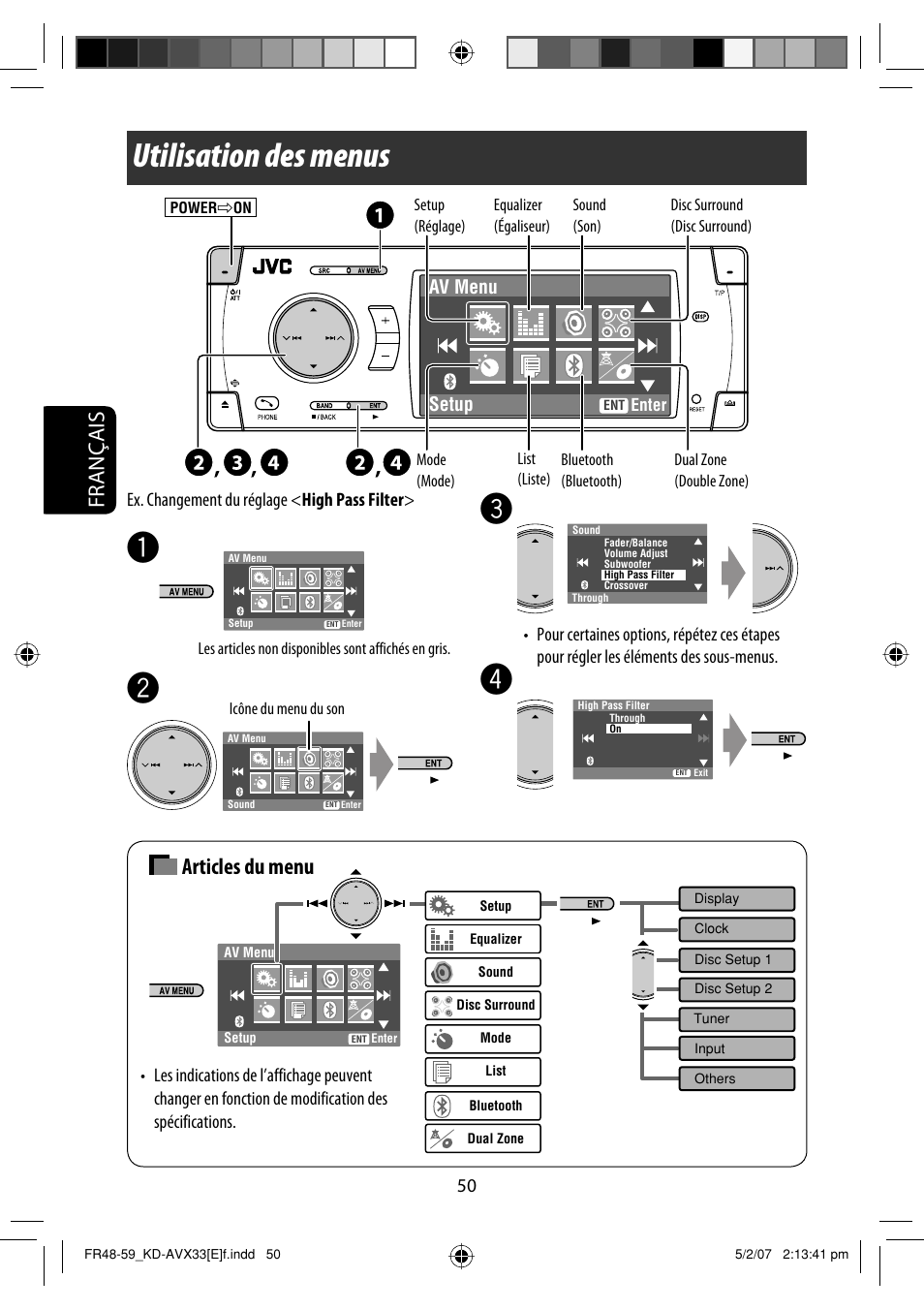 Utilisation des menus, Français, Articles du menu | JVC KD-AVX33 User Manual | Page 192 / 285
