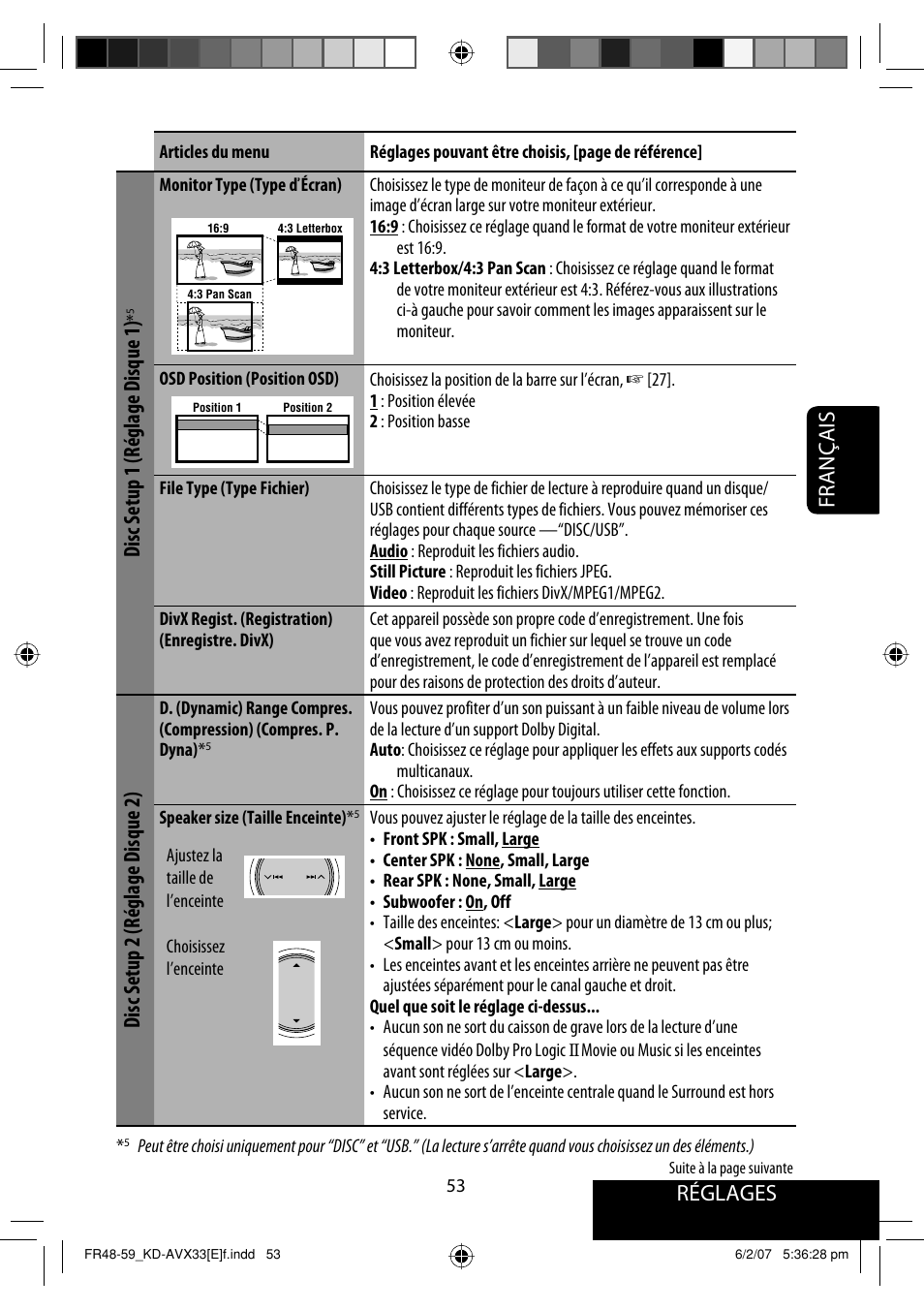Réglages, Français, Disc setup 1 (réglage disque 1) | Disc setup 2 (réglage disque 2) | JVC KD-AVX33 User Manual | Page 195 / 285