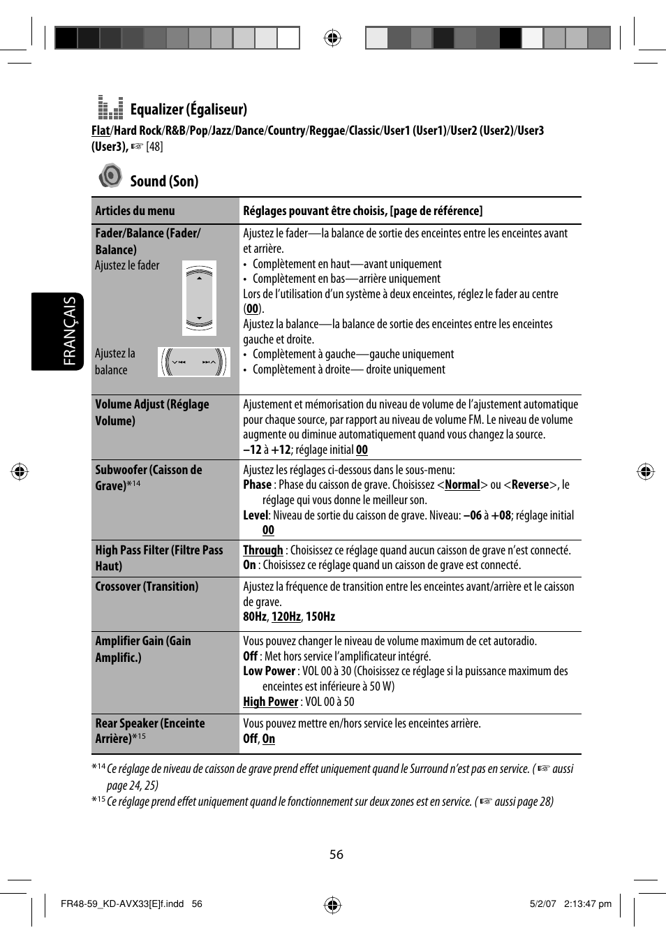 Français equalizer (égaliseur), Sound (son) | JVC KD-AVX33 User Manual | Page 198 / 285