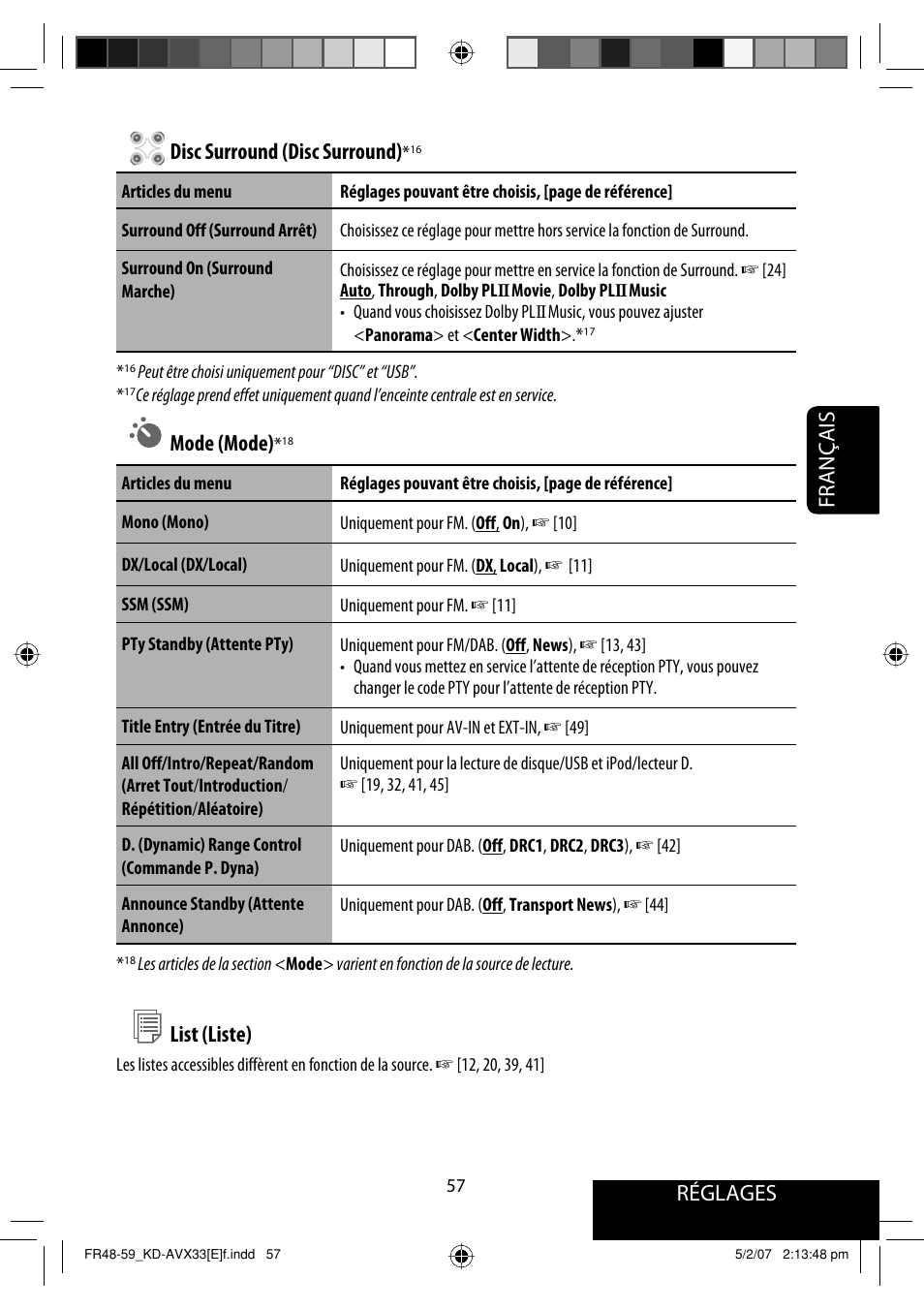 Réglages, Français disc surround (disc surround), Mode (mode) | List (liste) | JVC KD-AVX33 User Manual | Page 199 / 285