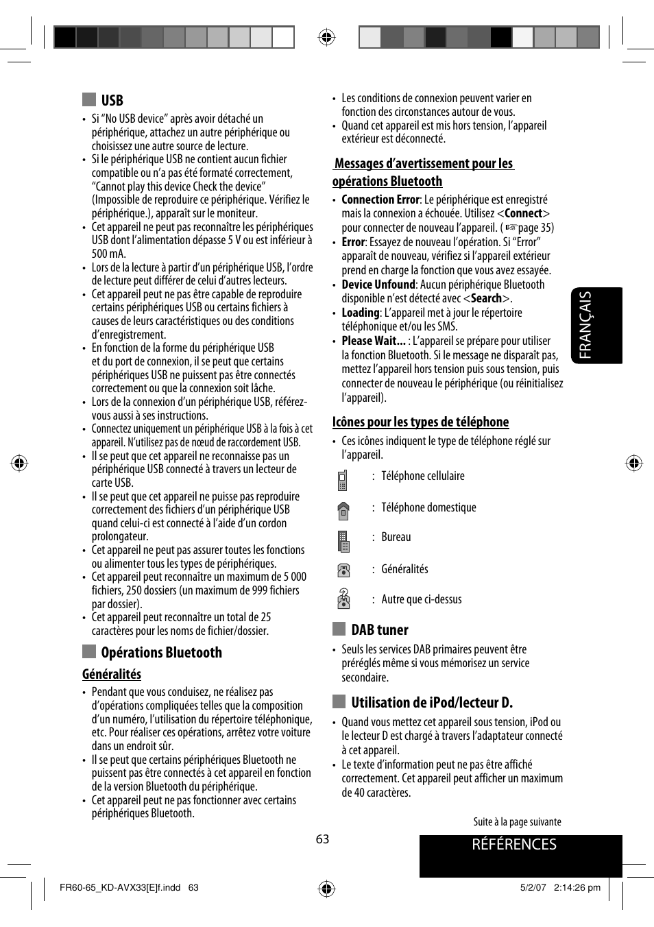 Références français, Dab tuner, Utilisation de ipod/lecteur d | Opérations bluetooth | JVC KD-AVX33 User Manual | Page 205 / 285