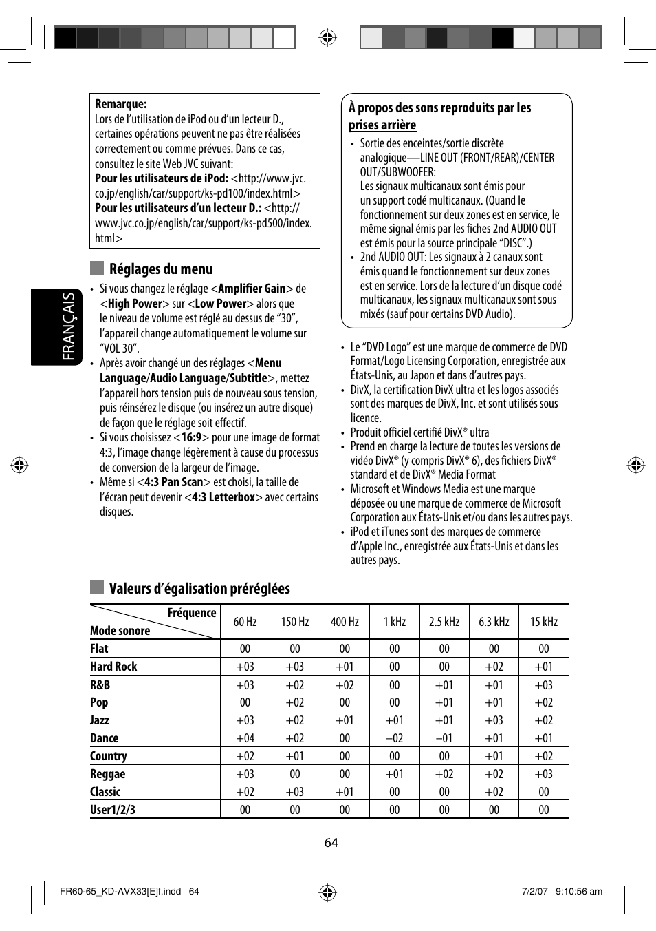 Français valeurs d’égalisation préréglées, Réglages du menu | JVC KD-AVX33 User Manual | Page 206 / 285