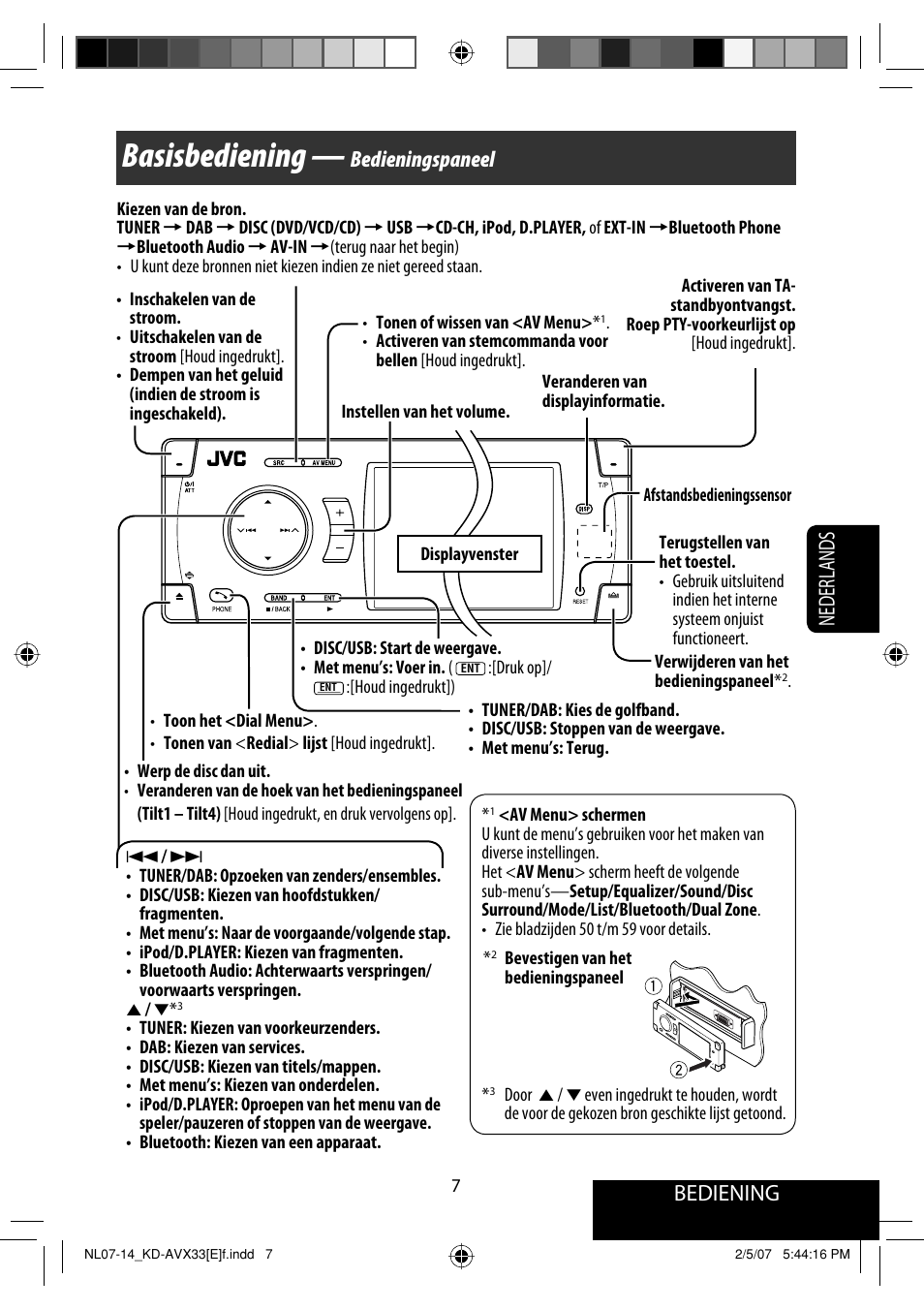 Basisbediening, Bediening, Nederlands | Bedieningspaneel | JVC KD-AVX33 User Manual | Page 219 / 285