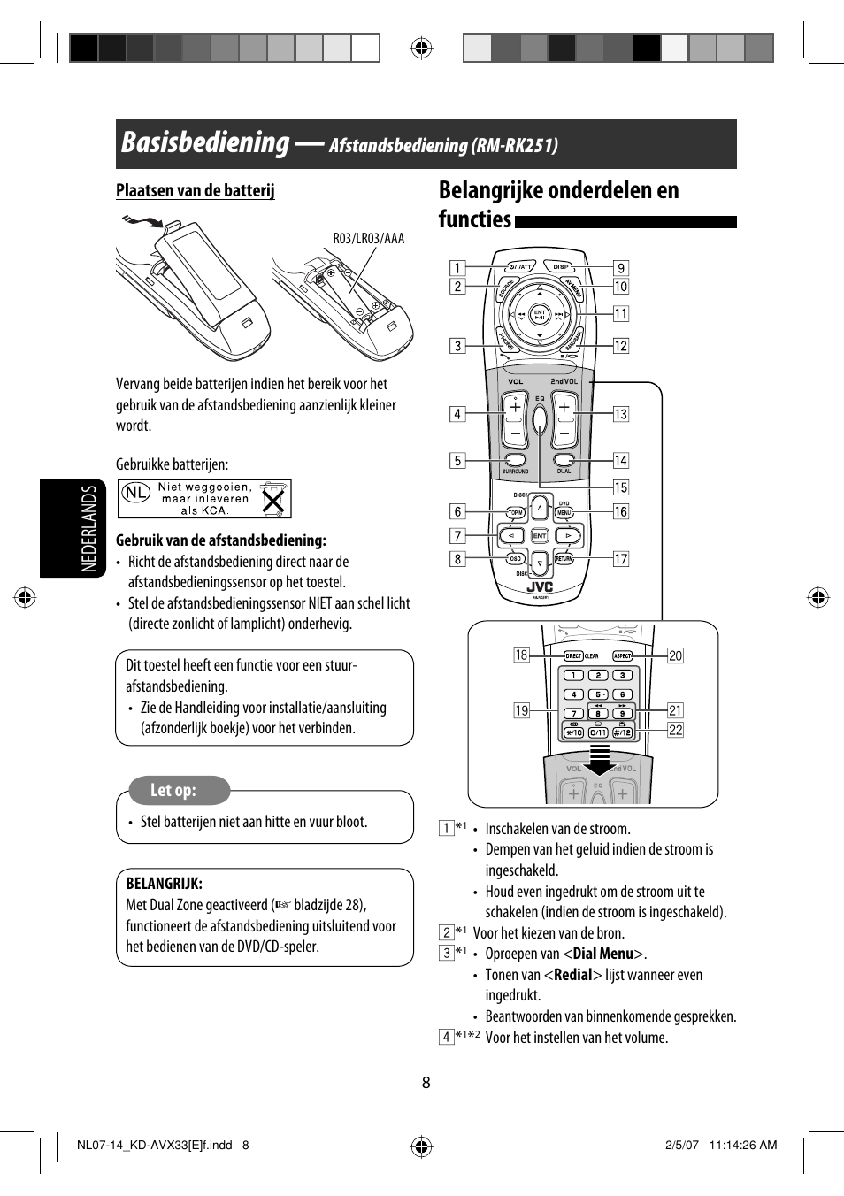 Basisbediening, Belangrijke onderdelen en functies, Nederlands | Afstandsbediening (rm-rk251) | JVC KD-AVX33 User Manual | Page 220 / 285