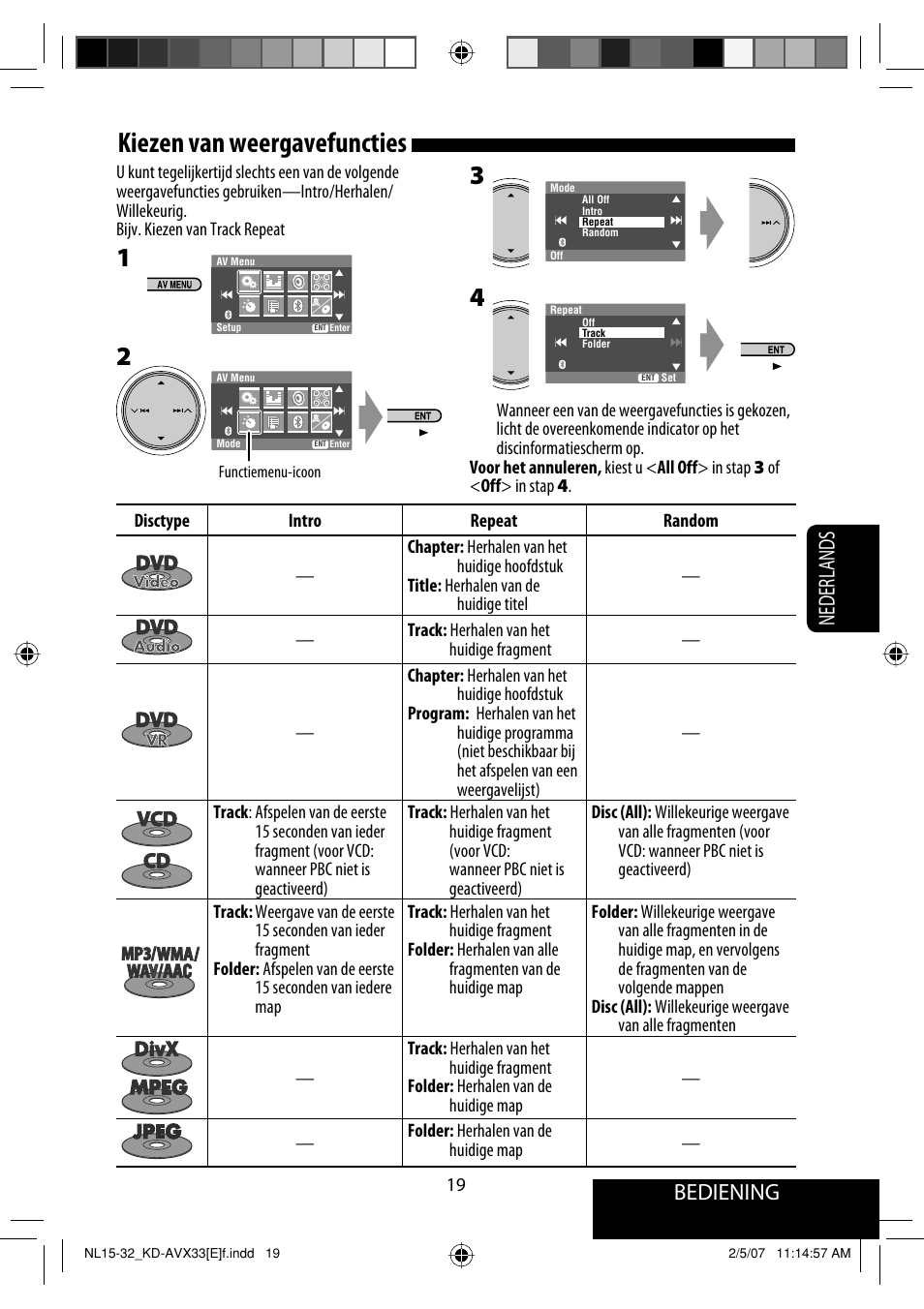 Kiezen van weergavefuncties, Bediening, Nederlands | JVC KD-AVX33 User Manual | Page 231 / 285