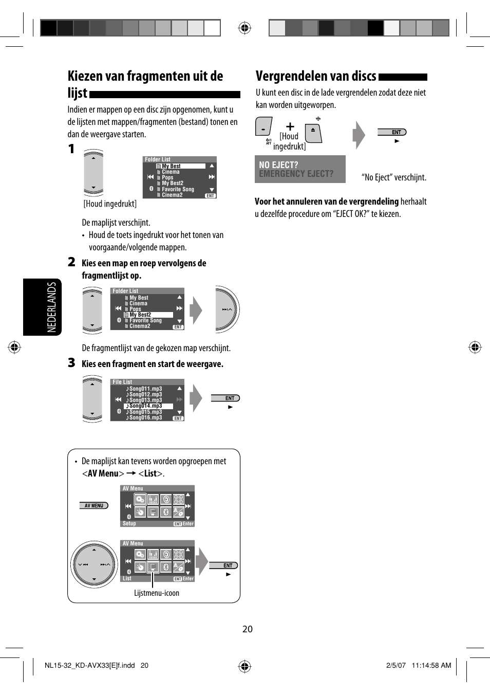 Kiezen van fragmenten uit de lijst, Vergrendelen van discs, Nederlands | JVC KD-AVX33 User Manual | Page 232 / 285