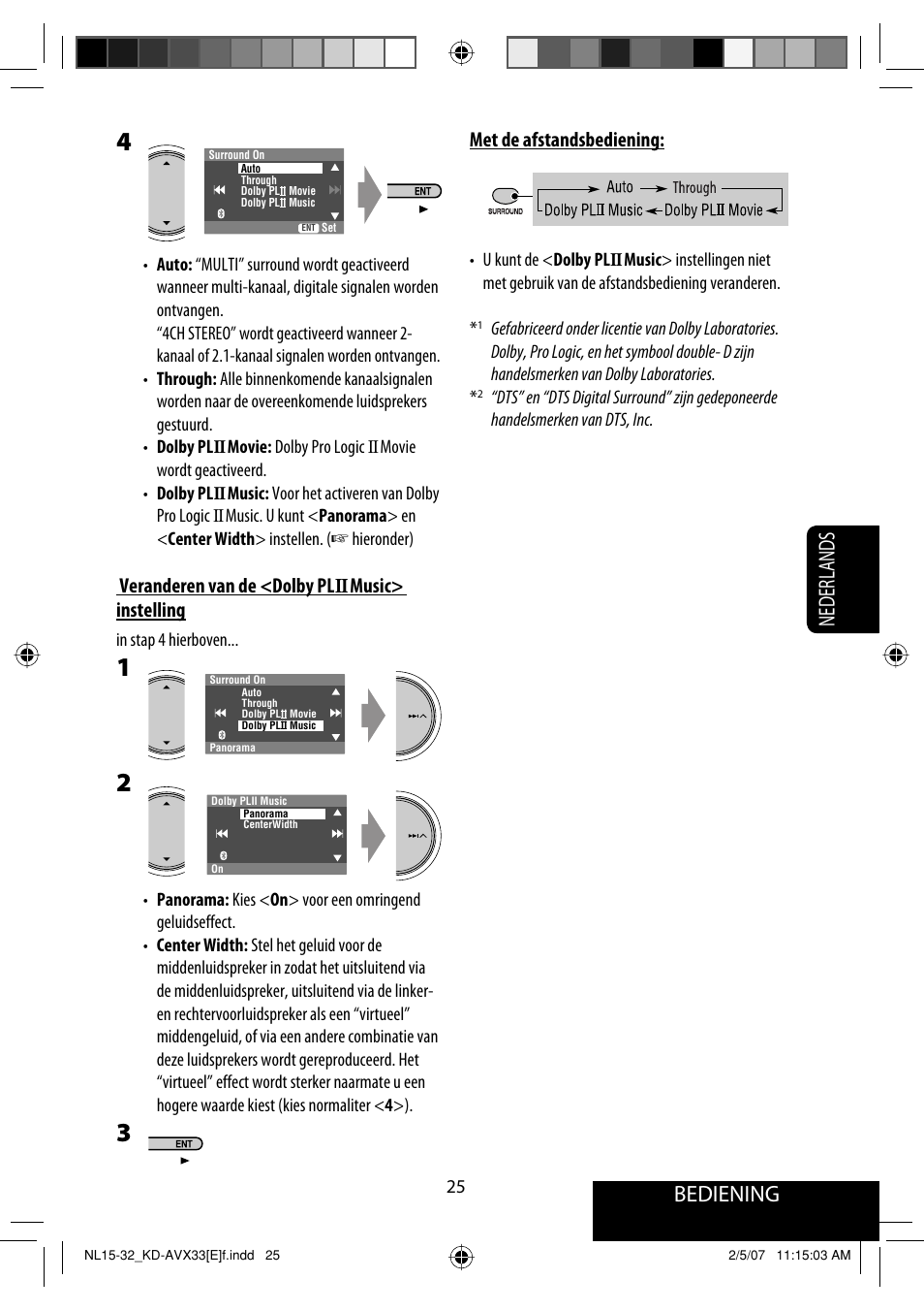 Bediening, Nederlands, Met de afstandsbediening | Veranderen van de <dolby pl ii music> instelling | JVC KD-AVX33 User Manual | Page 237 / 285