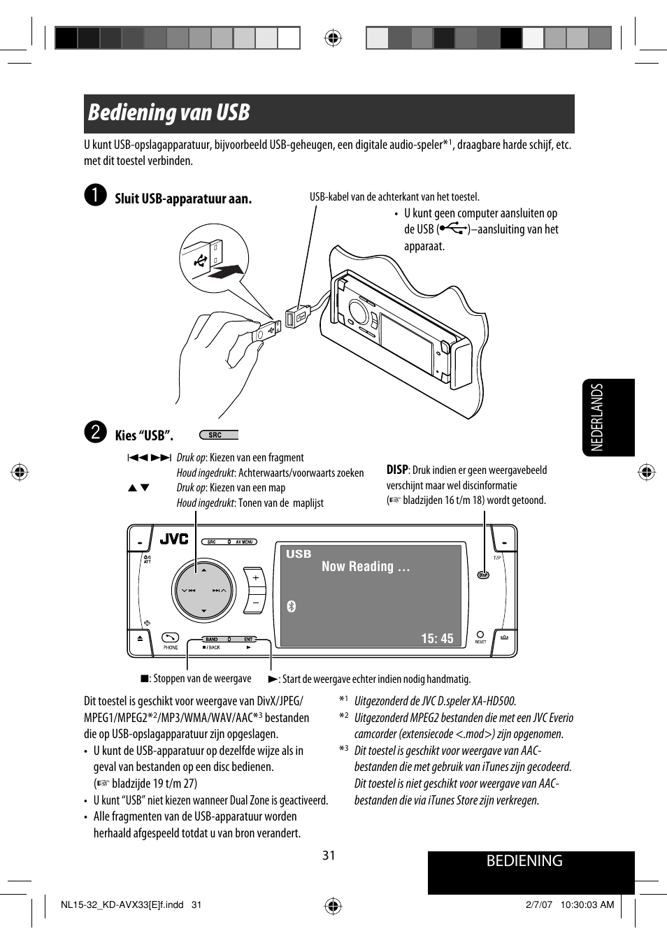 Bediening van usb, Bediening, Nederlands | JVC KD-AVX33 User Manual | Page 243 / 285