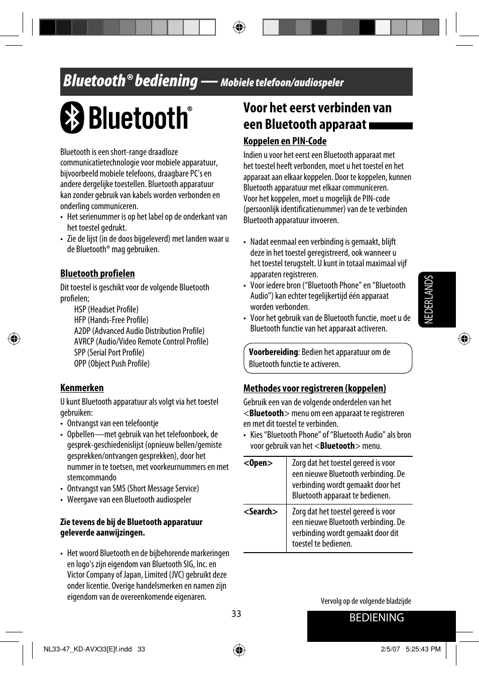 Bluetooth® bediening, Bediening, Nederlands | Mobiele telefoon/audiospeler | JVC KD-AVX33 User Manual | Page 245 / 285