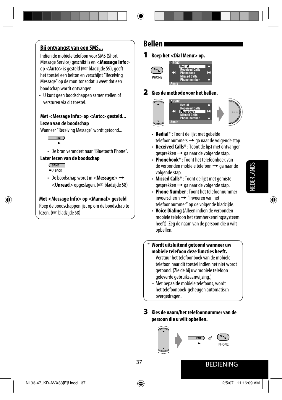 Bellen, Bediening, Nederlands | JVC KD-AVX33 User Manual | Page 249 / 285