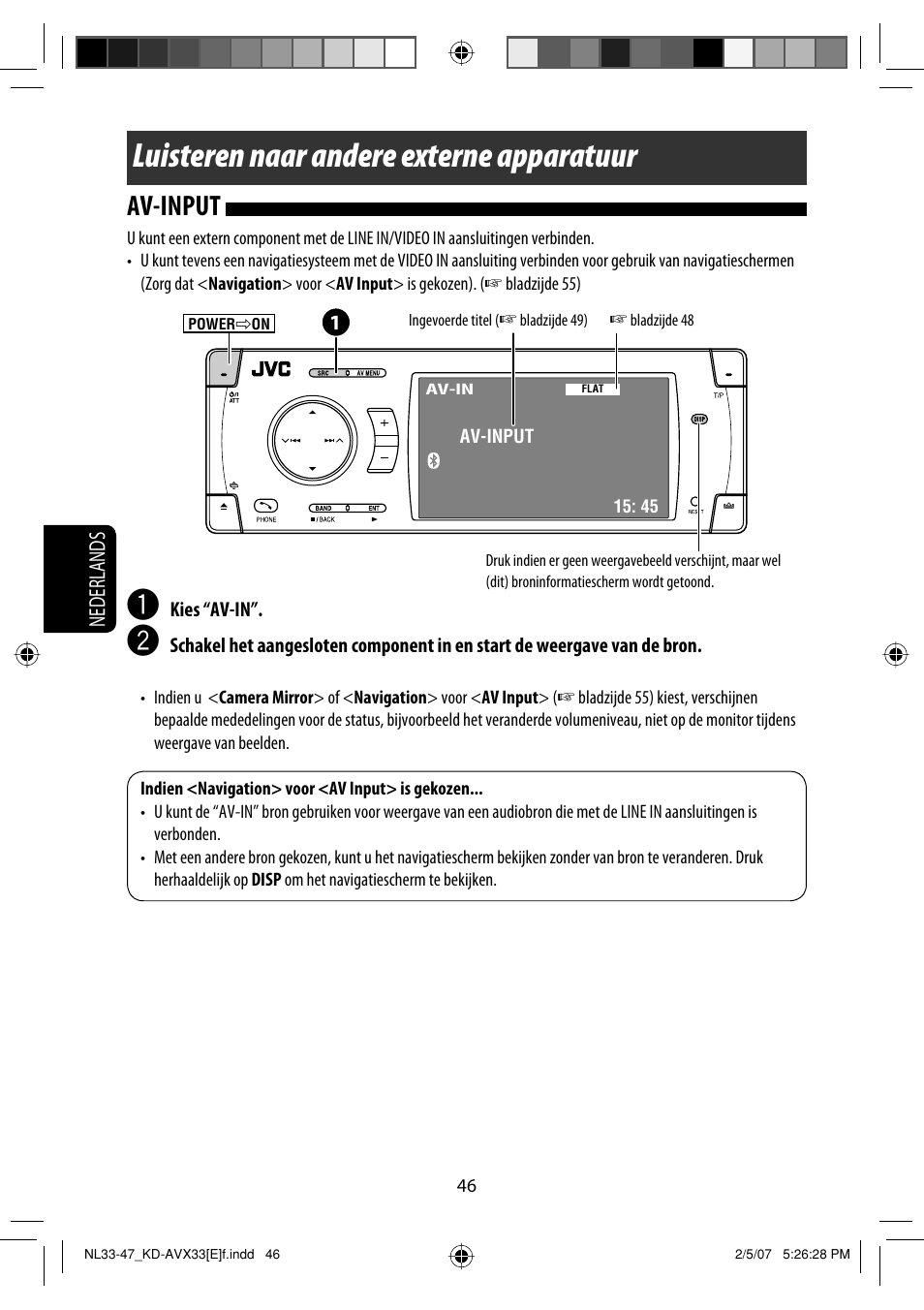 Luisteren naar andere externe apparatuur, Av-input, Nederlands | JVC KD-AVX33 User Manual | Page 258 / 285