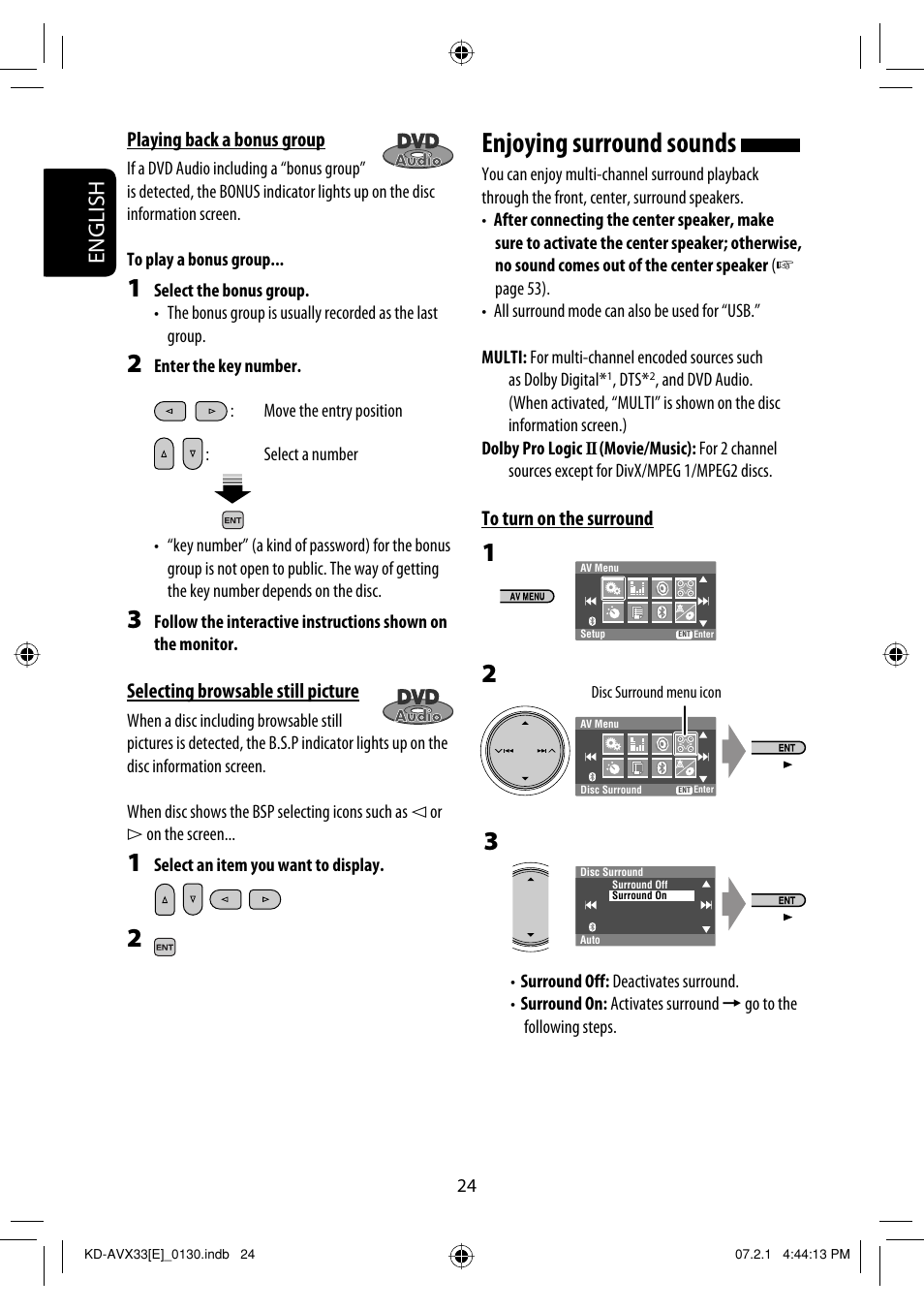 Enjoying surround sounds, English | JVC KD-AVX33 User Manual | Page 26 / 285