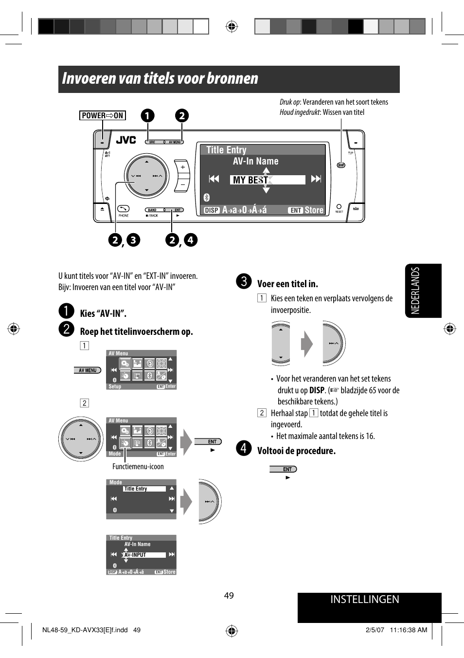 Invoeren van titels voor bronnen, Instellingen, Nederlands | Kies “av-in, Roep het titelinvoerscherm op, Voer een titel in, Voltooi de procedure | JVC KD-AVX33 User Manual | Page 261 / 285