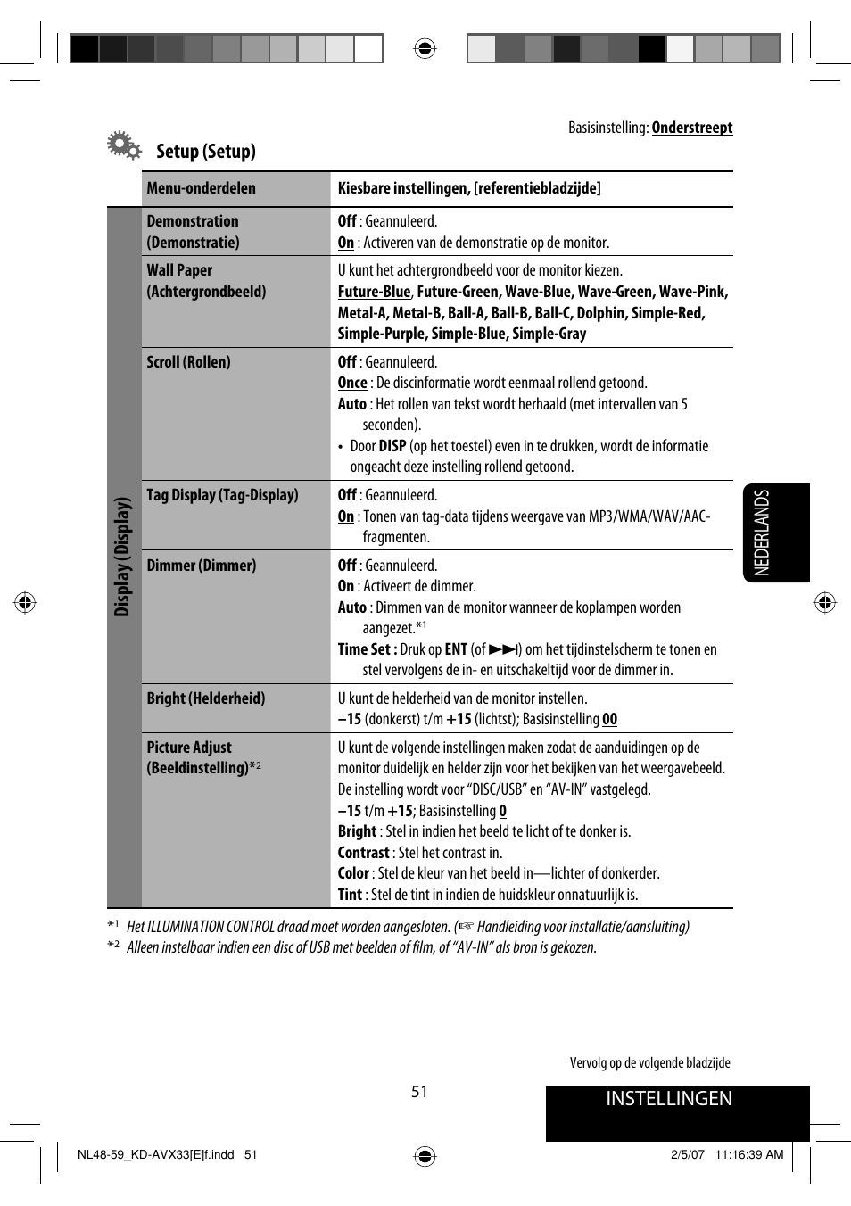 Instellingen, Nederlands, Setup (setup) | Display (display) | JVC KD-AVX33 User Manual | Page 263 / 285