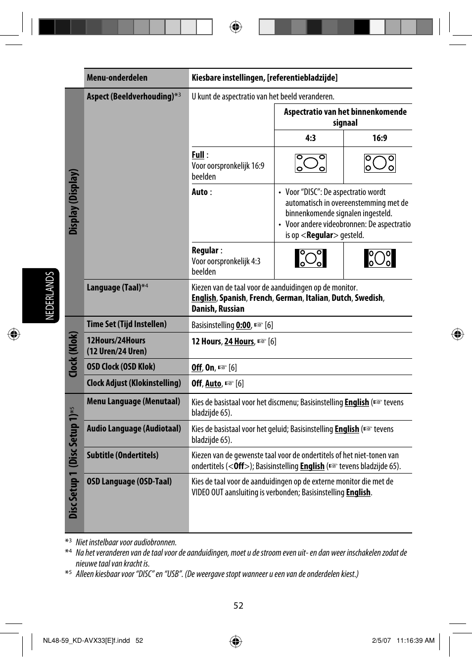 Nederlands, Display (display), Clock (klok) | Disc setup 1, Disc setup 1) | JVC KD-AVX33 User Manual | Page 264 / 285