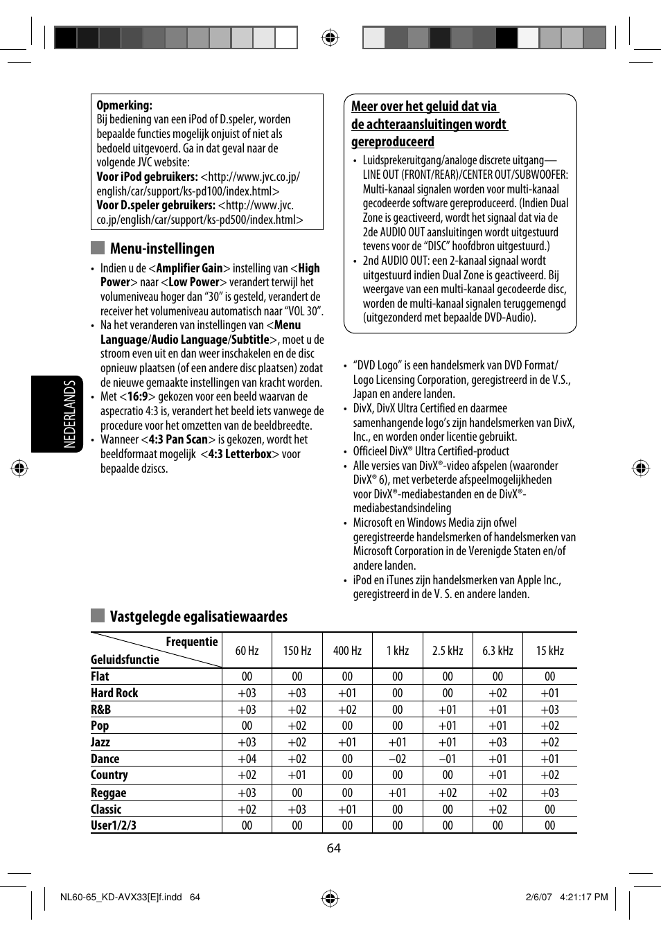 Nederlands vastgelegde egalisatiewaardes, Menu-instellingen | JVC KD-AVX33 User Manual | Page 276 / 285