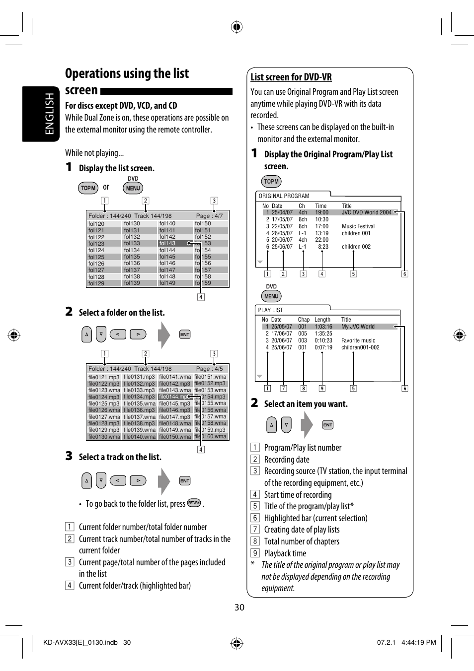 Operations using the list screen, English, List screen for dvd-vr | Display the list screen, Select a folder on the list, Display the original program/play list screen | JVC KD-AVX33 User Manual | Page 32 / 285