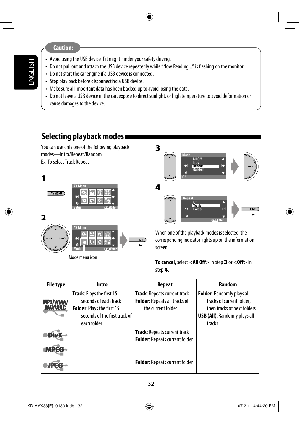 Selecting playback modes, English, Caution | JVC KD-AVX33 User Manual | Page 34 / 285