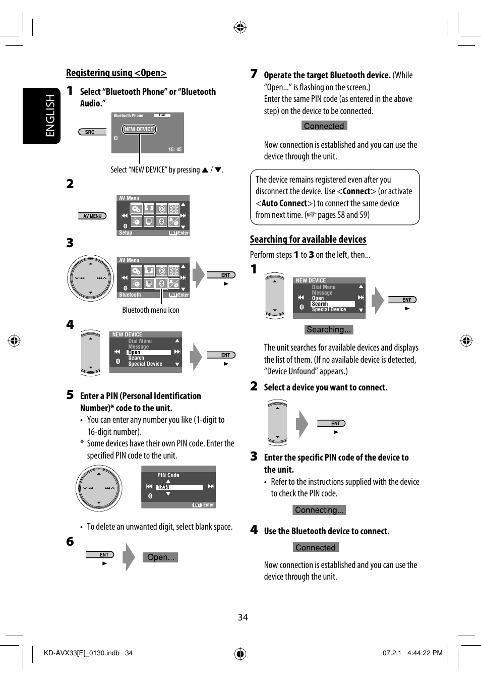 English, Searching for available devices, Registering using <open | JVC KD-AVX33 User Manual | Page 36 / 285