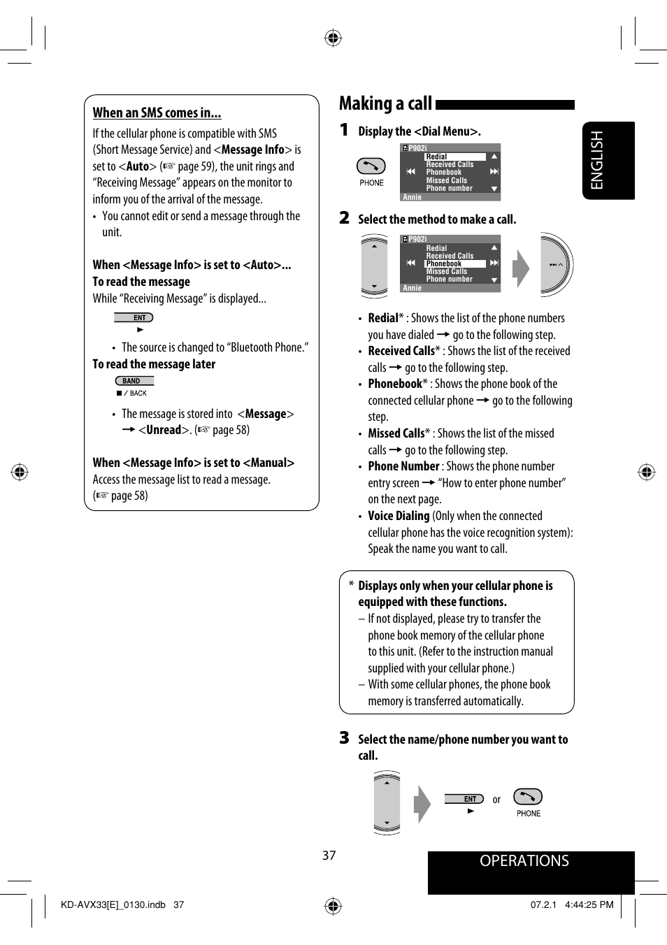 Making a call, Operations, English | JVC KD-AVX33 User Manual | Page 39 / 285