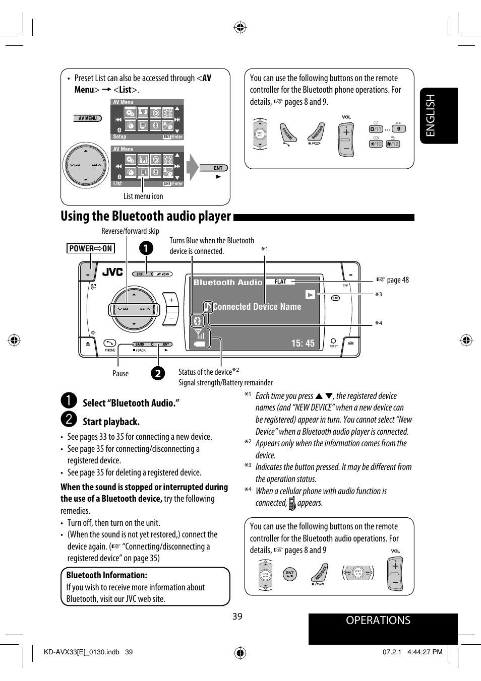 Using the bluetooth audio player, Operations, English | Select “bluetooth audio, Start playback | JVC KD-AVX33 User Manual | Page 41 / 285