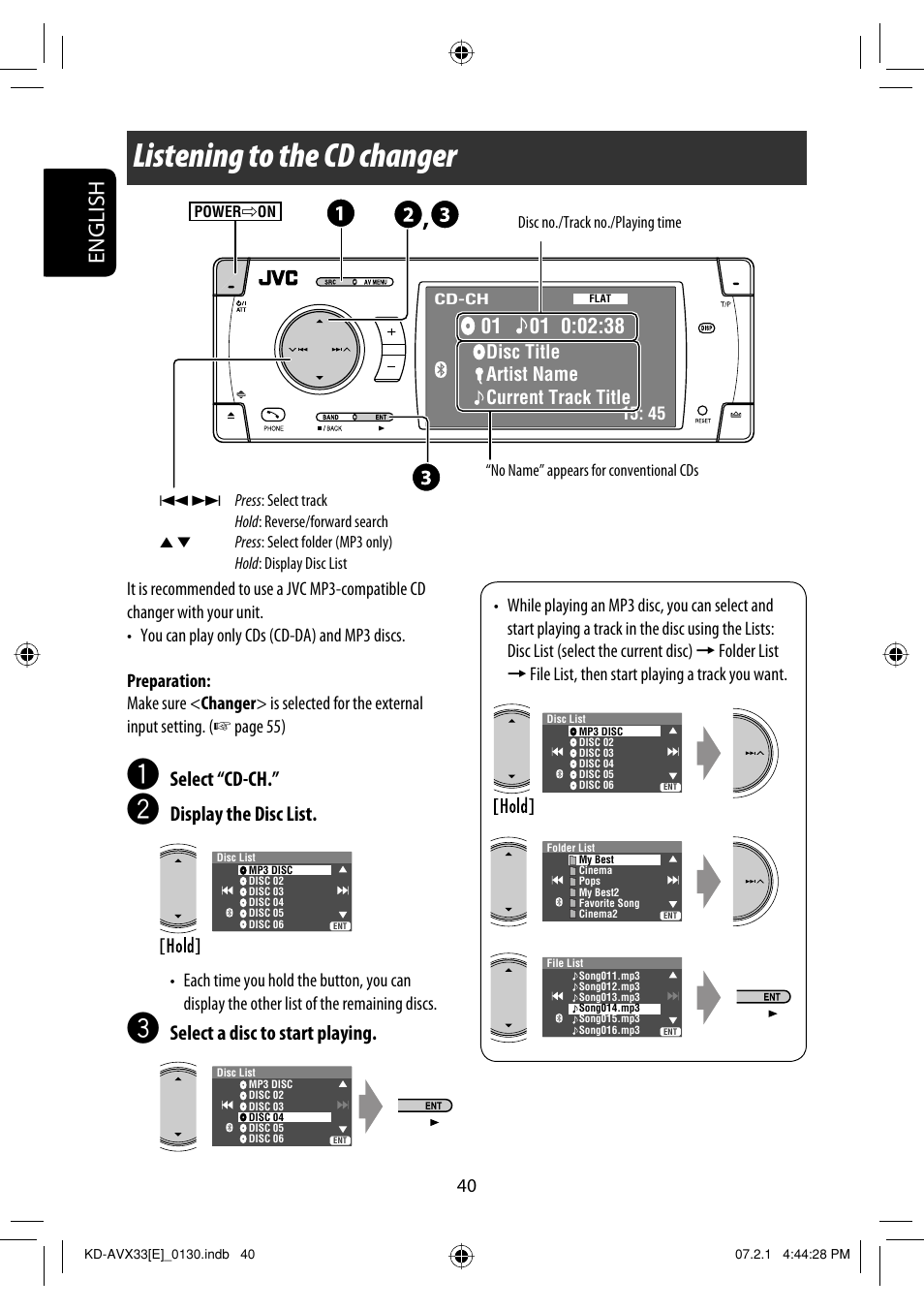 External devices, Listening to the cd changer, English | Select “cd-ch, Display the disc list, Select a disc to start playing | JVC KD-AVX33 User Manual | Page 42 / 285