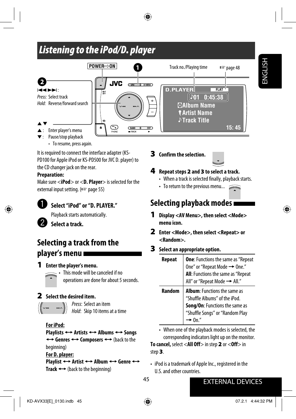 Listening to the ipod/d.player, Listening to the ipod/d. player, Selecting a track from the player’s menu | Selecting playback modes | JVC KD-AVX33 User Manual | Page 47 / 285
