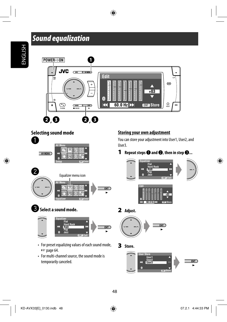 Settings, Sound equalization, English selecting sound mode | Select a sound mode, Storing your own adjustment | JVC KD-AVX33 User Manual | Page 50 / 285