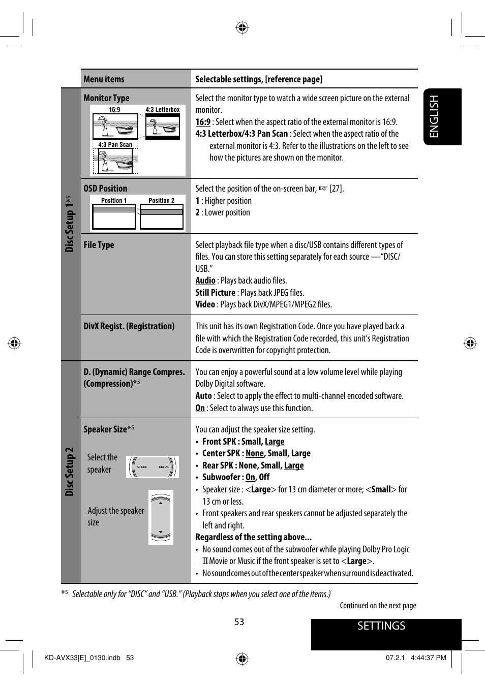 Settings, English, Disc setup 1 | Disc setup 2 | JVC KD-AVX33 User Manual | Page 55 / 285