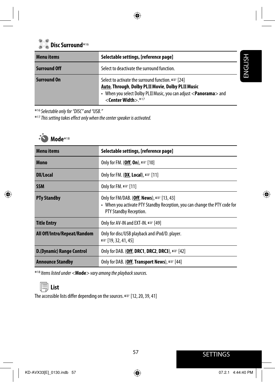 Settings, English disc surround, Mode | List | JVC KD-AVX33 User Manual | Page 59 / 285