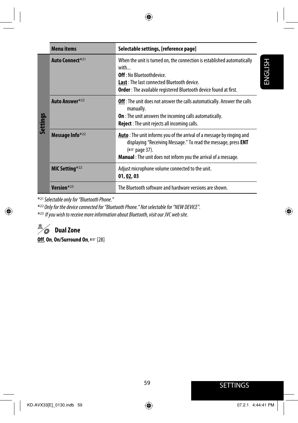 Settings, English, Dual zone | JVC KD-AVX33 User Manual | Page 61 / 285