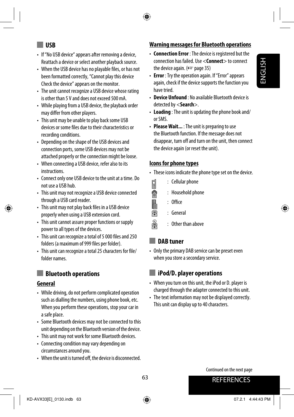 References english, Dab tuner, Ipod/d. player operations | Bluetooth operations | JVC KD-AVX33 User Manual | Page 65 / 285