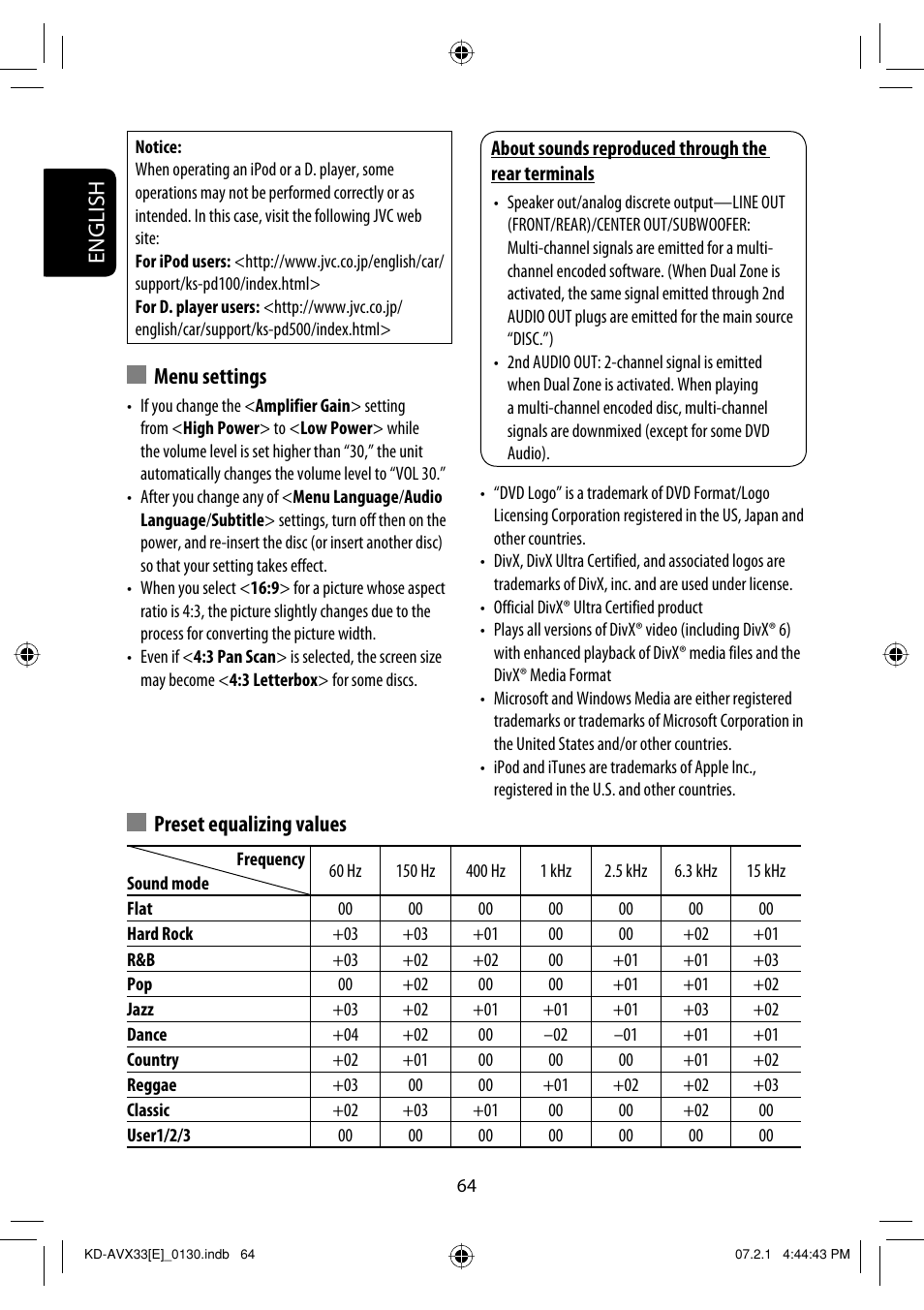English, Preset equalizing values, Menu settings | JVC KD-AVX33 User Manual | Page 66 / 285
