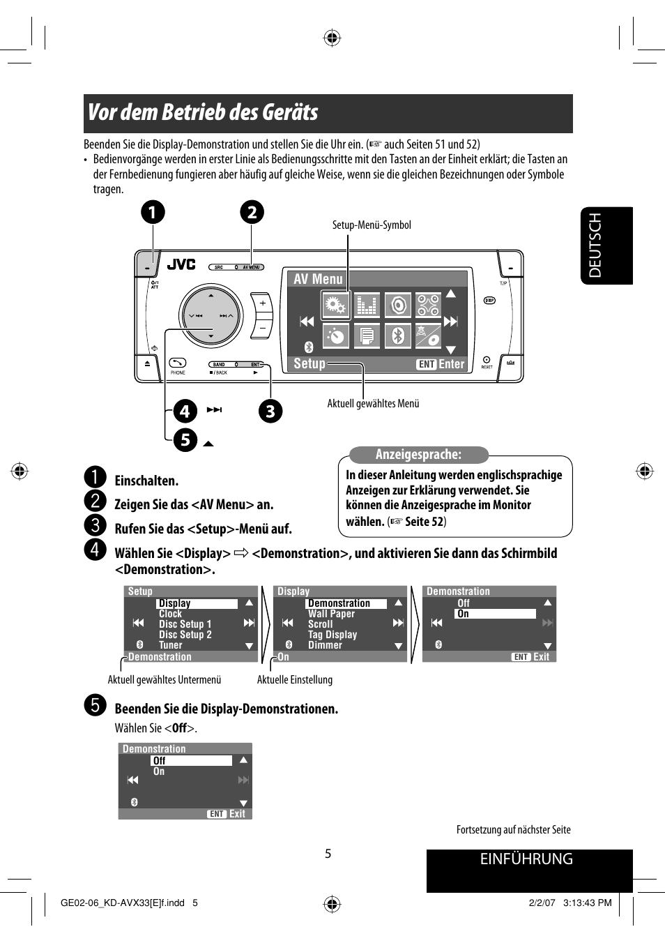 Vor dem betrieb des geräts, Einführung, Deutsch | JVC KD-AVX33 User Manual | Page 77 / 285