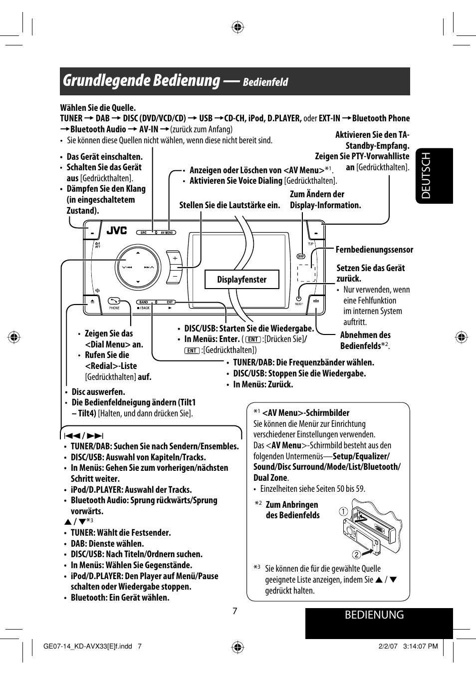 Grundlegende bedienung, Bedienung, Deutsch | Bedienfeld | JVC KD-AVX33 User Manual | Page 79 / 285